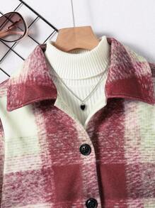 Tween Girls Burgundy Plaid Woolen Shirtdress Casual Coat For Autumn Winter - Burgundy - View 5