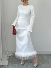 Chiquease 女士圆领拼色提花蝴蝶结腰连衣裙，秋季长款女装 - 白色 - 查看 3