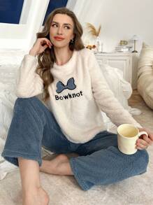 秋冬加厚绒毛睡衣套装，饰有蝴蝶结和字母刺绣，女士秋冬服装，舒适保暖