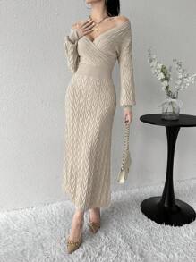 Modelyn Women's Solid Color V-Neck Wrap Around Long Sleeve Sweater Dress