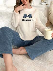 秋冬加厚绒毛睡衣套装，饰有蝴蝶结和字母刺绣，女士秋冬服装，舒适保暖