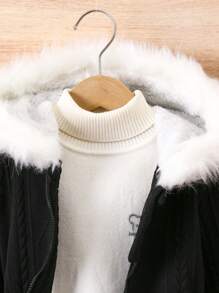 SHEIN 1pc Young Girl Patchwork Fluffy Hooded Jacket - Black - View 4