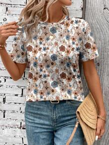 SHEIN LUNE 女式休闲复古花卉印花圆领短袖 T 恤，夏季 - 白色 - 查看 6