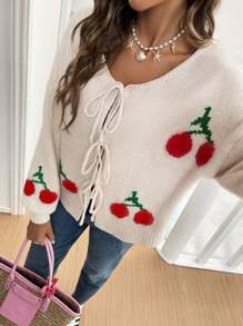 SHEIN Frenchy Áo khoác cardigan dài tay rộng rãi, dáng rộng, thắt nút phía trước, vai trễ, họa tiết quả anh đào, mùa thu/đông cho nữ, áo khoác cardigan dài tay thắt nút màu trơn cỡ lớn, đi làm, tối giản, trang phục công sở, phong cách cổ điển, đơn giản, áo len cardigan dệt kim màu trơn thắt nút phía trước cho nữ, có thể mặc bên ngoài áo phông, áo len cardigan cỡ lớn dễ thương, siêu ấm và mềm mại! - Nhiều màu - Xem 7