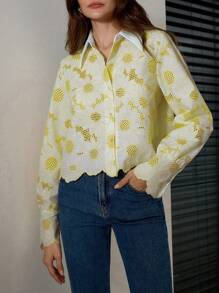 Aveloria Rosie Color Block Shirt, Pointed Collar, Random Sunflower Embroidered, Elegant Design Blouse