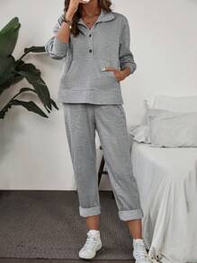 SHEIN LUNE 2 件套女士纯色纽扣前口袋长袖上衣和系带前裤休闲套装 - 灰色 - 查看 4