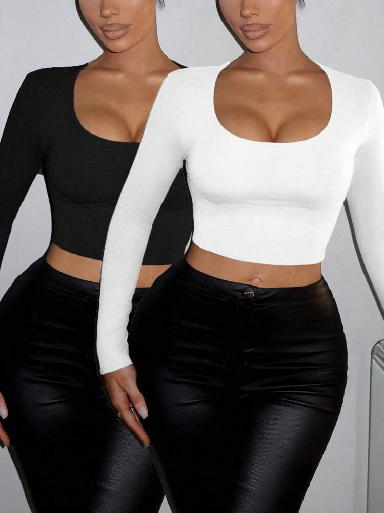 SHEIN SXY 2 pièces/set T-shirt moulant à manches longues et col large sexy