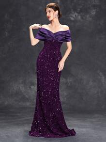 Vestido formal con volantes y lentejuelas off-shoulder, vestido elegante de estilo sirena para baile de graduación, boda, invitado, ceremonia de graduación, fiesta de cóctel - Morado - Ver 5