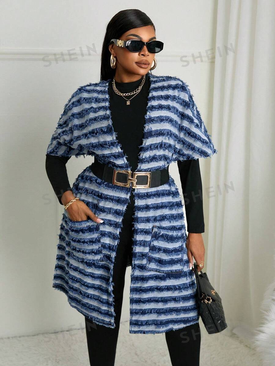 SHEIN SXY Chaqueta vaquera de mangas de murciélago de tweed de talla grande para mujeres, primavera y otoño