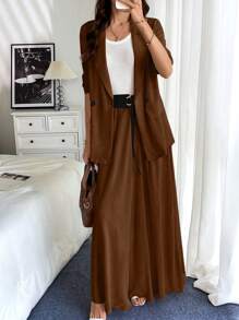 Chiquease Women Spring & Autumn Solid Color Lapel Long Sleeve Blazer Jacket And A-Line Skirt 2pcs Set, Elegant - Brown - View 1
