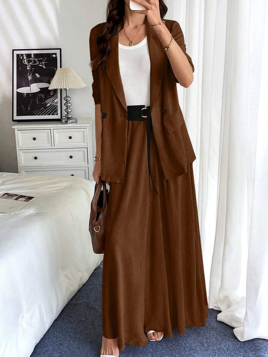 Chiquease Women Spring & Autumn Solid Color Lapel Long Sleeve Blazer Jacket And A-Line Skirt 2pcs Set, Elegant - Brown - View 1