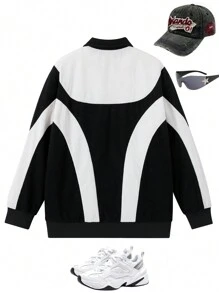 SHEIN 青少年男孩休闲撞色拉链夹克，秋季 - 黑與白 - 查看 2