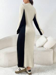 Mulvari Women's Autumn/Winter Crew Neck Long Sleeve Colorblock Ribbed Long Knitted Sweater Dress