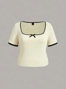 Vintamour 大码复古优雅女式修身天鹅绒蝴蝶结短袖休闲度假白色 T 恤，配色块边缘，春夏返校服女式 T 恤教师服女式复古服教师衬衫黑白修身衬衫秋季上衣秋季服装秋季服装秋季女装返校节圣诞节女装秋季女装秋季女装秋季上衣 - 杏色 - 查看 1