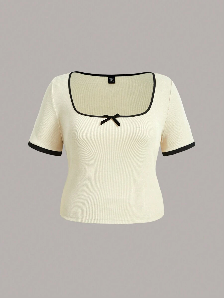 Vintamour 大码复古优雅女式修身天鹅绒蝴蝶结短袖休闲度假白色 T 恤，配色块边缘，春夏返校服女式 T 恤教师服女式复古服教师衬衫黑白修身衬衫秋季上衣秋季服装秋季服装秋季女装返校节圣诞节女装秋季女装秋季女装秋季上衣 - 杏色 - 查看 1