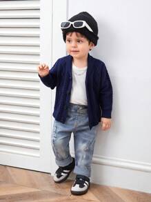 SHEIN Navy Blue V-Neck Cardigans For Baby Boy/Girl,All-Match Loose Fit Cardigans With Button Closure,Suitable For Casual Wear And Outdoor - Navy Blue - View 11