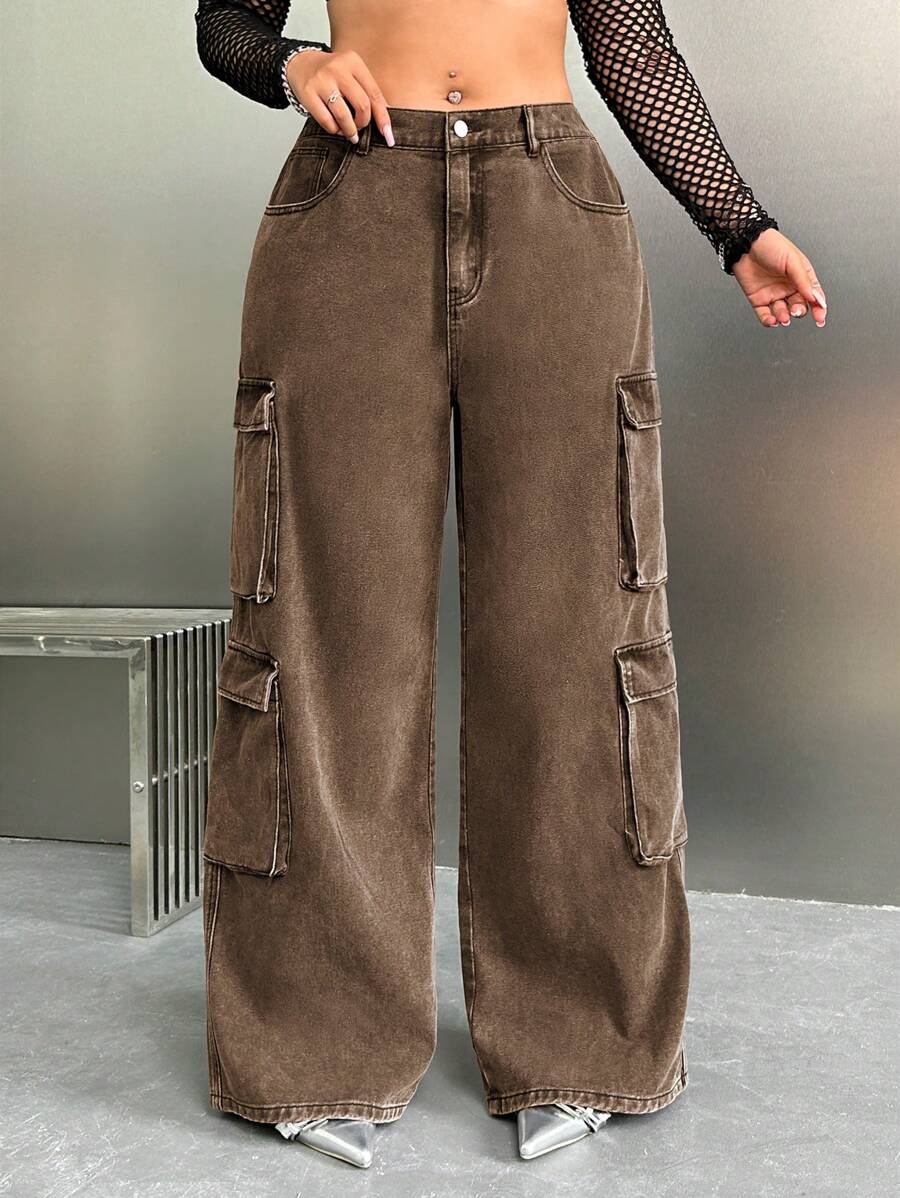 SHEIN ICON Y2K High Waist Black Cargo Pocket Plus Size Straight Leg Jeans