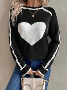 EMERY ROSE Women's Round Neck Raglan Sleeve Heart Pattern Casual Pullover Sweater, Autumn/Winter, Knit Pullover Fall - Black and White - View 6
