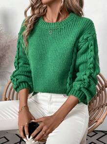Chiquease 女士休闲纯色落肩宽松麻花针织毛衣，秋冬针织套头衫 - 綠色 - 查看 4