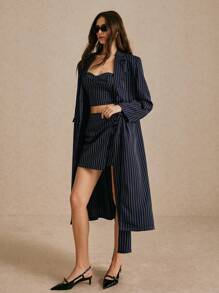 Poéselle Women's Long Navy Blue Striped Pockets Loose Spring And Autumn Winter Long Sleeve Casual Commute Blazer - Navy Blue - View 4
