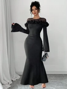 Chiquease 女式春秋秋季优雅派对黑色万圣节高弹力打底裙修身臀部网眼撞色 3D 花朵手工原创设计长袖喇叭袖美人鱼连衣裙长款女装 - 黑色 - 查看 3