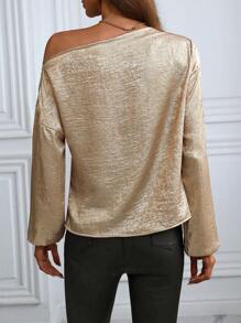 SHEIN Clasi Áo cánh rộng rãi cổ bất đối xứng cho phụ nữ mặc trong tiệc năm mới, áo một bên vai - Vàng - Xem 2