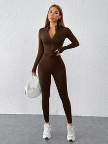 SHEIN PETITE 黑色两件套运动服拉链夹克和紧身裤 - 棕色 - 查看 8