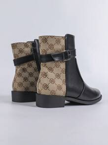 CUCCOO BIZCHIC 时尚百搭女士踝靴，黑色粗跟短靴，新款秋冬季侧拉链扣带圆头舒适短靴 - 黑色 - 查看 4