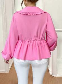 Celure 大码休闲荷叶边领系带灯笼袖衬衫女式衬衫 - 粉色 - 查看 2