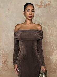 SHEIN BAE Women Autumn Off Shoulder Long Sleeve Bodycon Long Dress - Coffee Brown - View 3