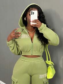 Letter Graphic Drop Shoulder Crop Sweatshirt & Flap Pocket Cargo Pants - Green - View 6