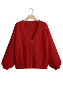 SHEIN LUNE 大码女式纯色 V 领单排扣长袖休闲通勤百搭针织开衫，红色，秋冬，适合冬季 - 紅色 - 查看 3