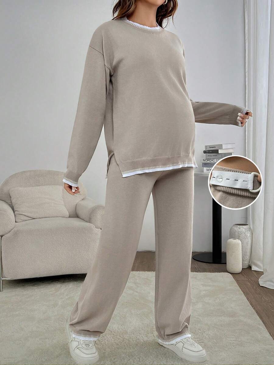 SHEIN Áo len cổ tròn dài tay viền màu Maternity Colorblock, cho mùa đông - Màu Khaki - Xem 1