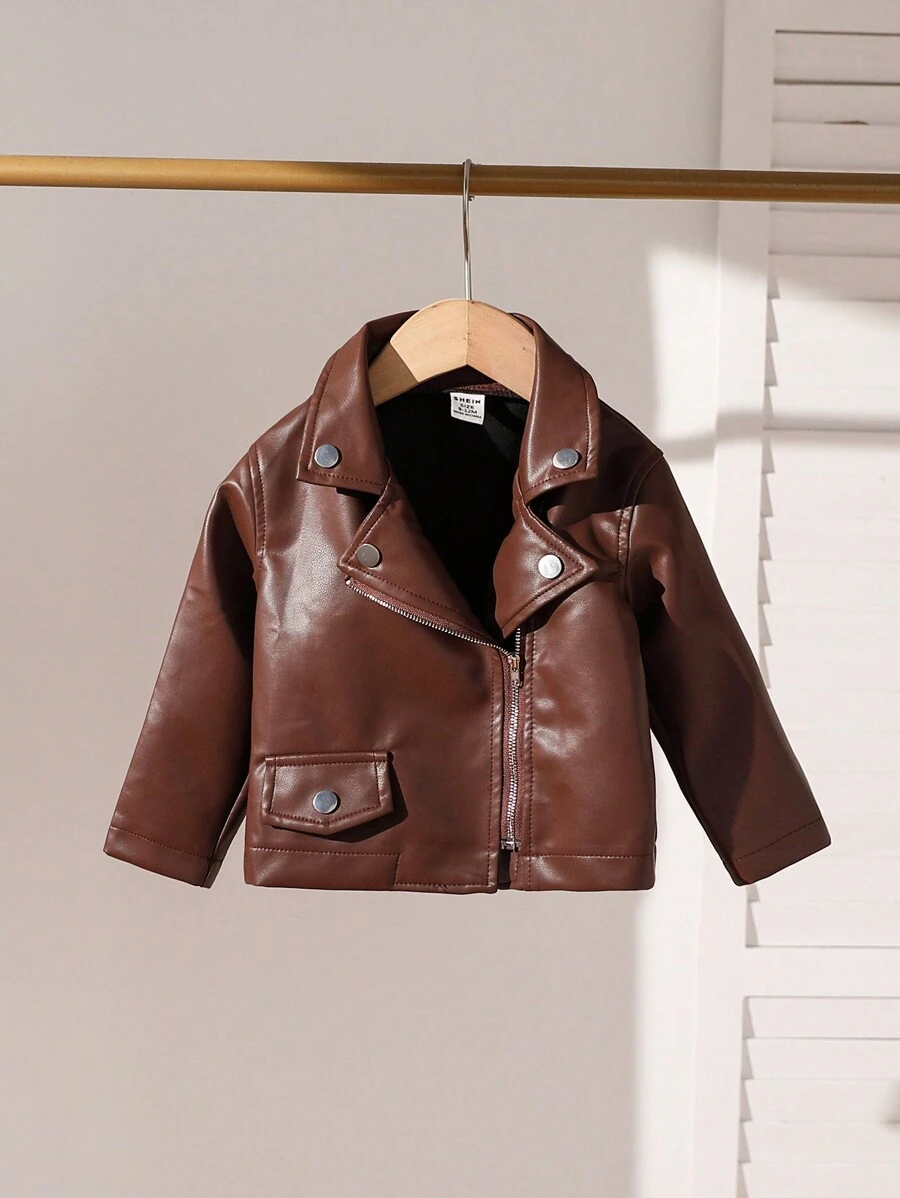 SHEIN 1pc Baby Boy Casual Fashion Faux Leather Jacket, Spring/Fall - Coffee Brown - View 1