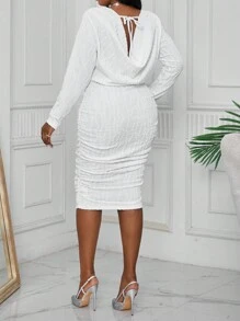 SHEIN Lady Spring And Summer Autumn And Winter Elegant White  Knitted Off The Shoulder Pencil Midi Drawstring Long Sleeve Plus Size Dresses