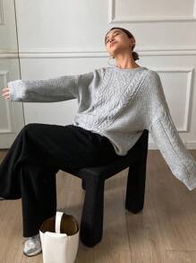 DAZY Plain Loose Long Sleeve Crew Neck Sweater For Women - Grey - View 4