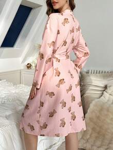 Robe de chambre à manches longues avec imprimé d'ours pour femmes - Rose bonbon - Voir 2