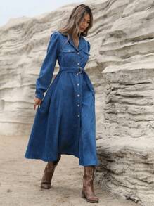 Revavyn Retro Corduroy Collar Puff Sleeve Cinched Waist Long Sleeve A-Line Dress With Metal Buttons Vacation Outfits Woman  Fall Cloth For Women - Blue - View 4