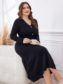Modelyn Plus Size Women V-Neck Flowy Hem Sweater Dress