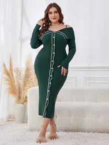 Modelyn 大码女式秋冬露肩长袖单排扣修身优雅连衣裙 - 墨綠色 - 查看 5