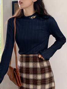 FRIFUL Women's Crew Neck Long Sleeve Ribbed Casual T-Shirt, Spring & Autumn - Navy Blue - View 4