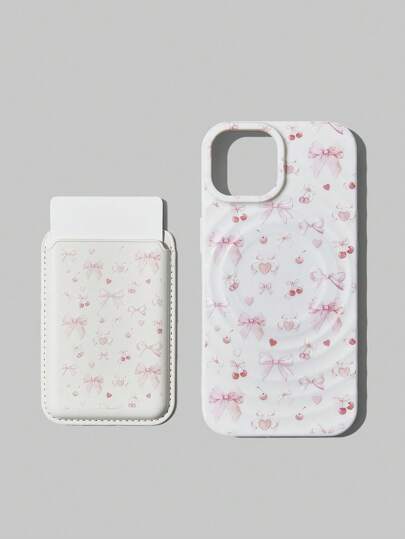 Kawaii Funda magnética para teléfono con estampado de lazo y cereza, funda de carga inalámbrica Magsafe con soporte de tarjeta con estampado de cereza a juego