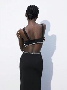 Maija 女士无袖优雅长裙，腰部饰有仿珍珠，侧面镂空，适合夏季、圣帕特里克节、复活节、春节、音乐节 - 黑色 - 查看 6