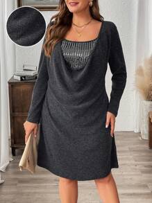 SHEIN LUNE Damen Große Größen Cocktailkleid mit Stehkragen, Langarm und Pailletten Besatz, Herbst Damen Curvy - Schwarz - Übersicht 1