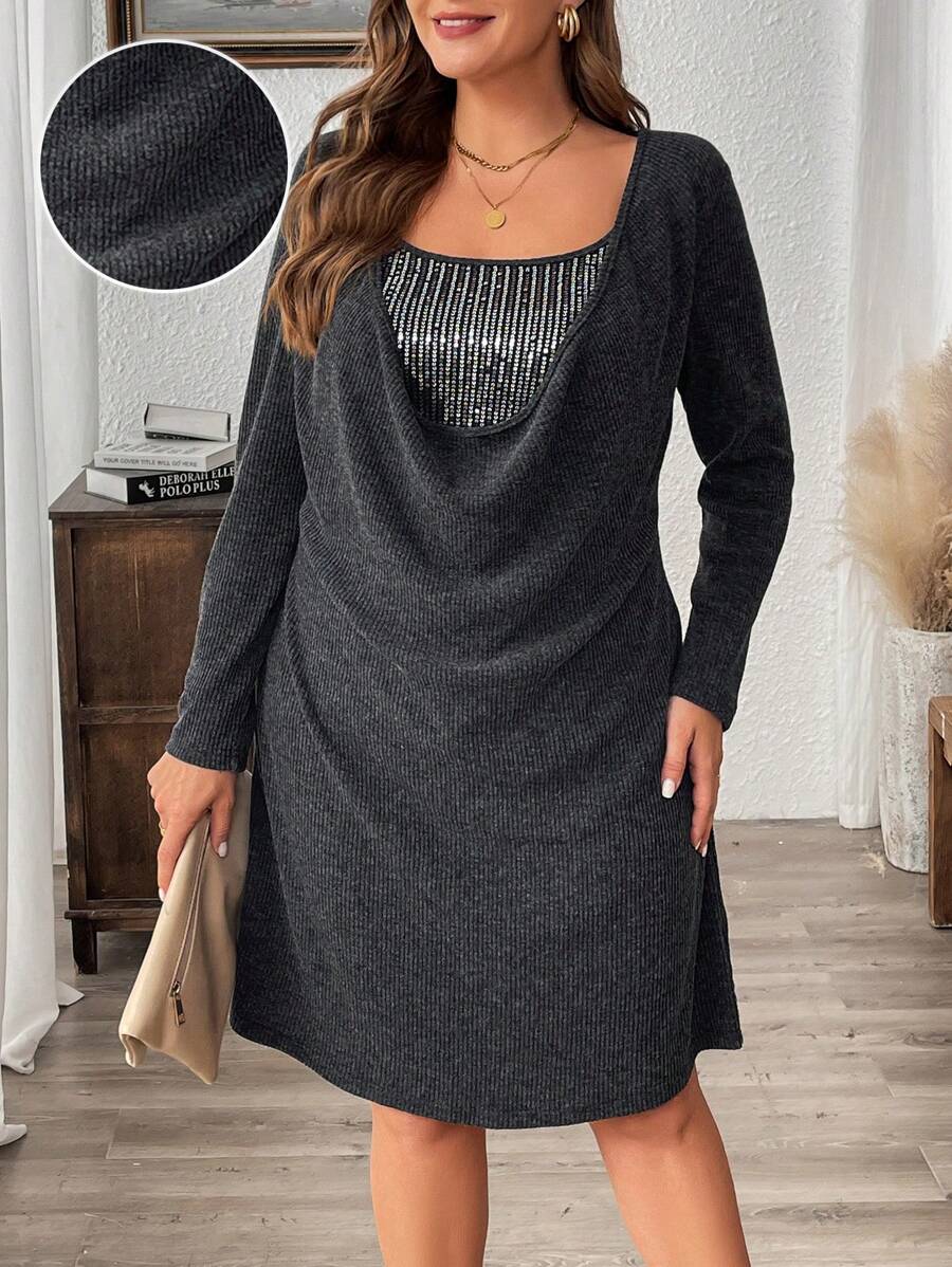SHEIN LUNE Damen Große Größen Cocktailkleid mit Stehkragen, Langarm und Pailletten Besatz, Herbst Damen Curvy - Schwarz - Übersicht 1