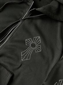 Manfinity EMRG Men's Rhinestone Cross Printed Drawstring Hoodie Sweatshirt,Grunge Tops - Black - View 4