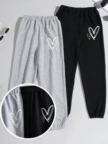SHEIN 2pcs Young Girl Heart Pattern Knit Loose Drawstring Ankle Length Sweatpants Set - Multicolor - View 1