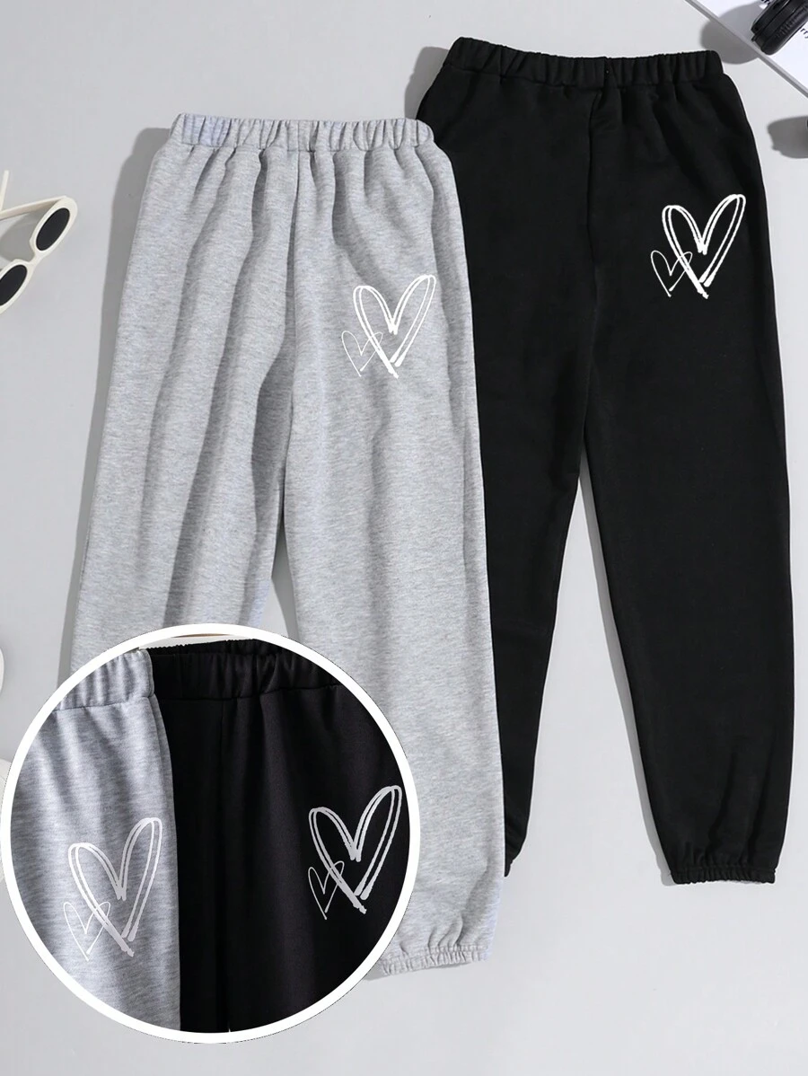 SHEIN 2pcs Young Girl Heart Pattern Knit Loose Drawstring Ankle Length Sweatpants Set - Multicolor - View 1