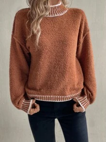 Chiquease 女士厚款宽松立领毛衣，适合户外、居家和休闲，秋冬秋季服装，长袖上衣 - 棕色 - 查看 6