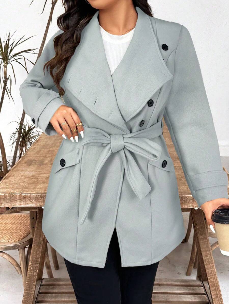 SHEIN Clasi Plus Size Women's Solid Color Simple Daily Lapel Long Sleeve Overcoat - Grey - View 1